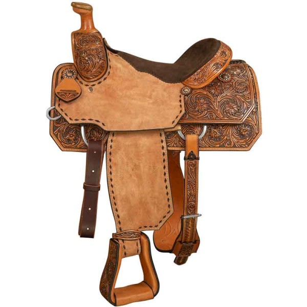 Nuestra silla Roper con detalle de costura viene con grabados en las faldillas, el pomo, el rollo Cheyenne, los latiguillos y los estribos. ¡Hemos añadido costuras de caballo para darle un toque de estilo vaquero! Cincha trasera.

Esta bonita silla vien